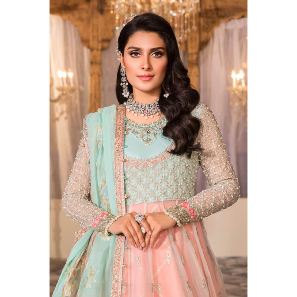 Maria B Mbroidered, BD-2487-Pearl White, Peach and Aqua