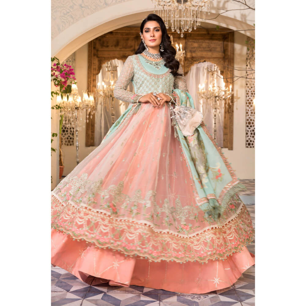 Maria B Mbroidered, BD-2487-Pearl White, Peach and Aqua