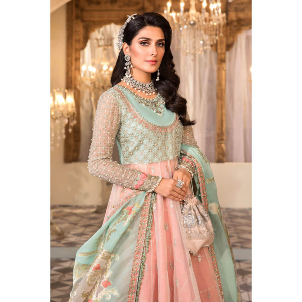 Maria B Mbroidered, BD-2487-Pearl White, Peach and Aqua